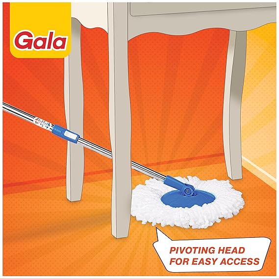 Gala Plastic Quick Spin Mop,Easy Wheels & Big Bucket With 2 Microfiber Refills, Floor Cleaning Mop With Bucket, Pocha For Floor Cleaning, Mopping Set(White And Blue)