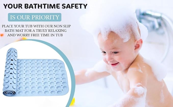 Anti Slip PVC Silicone Shower Bath Mat Non-Slippery Rubber Floormat Suction Cups Drain Hole & Anti Skid Floormat for Toilet Kitchen Bathroom Floor Rectangle (70 X 35cm) (Blue)