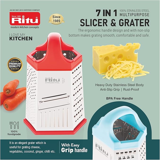 Ritu J-381 Vegetable Grater & Slicer|Stainless Steel 7 in 1 Kitchen Chopper| Grater for Cheese|Vegetables|Ginger (Silver)