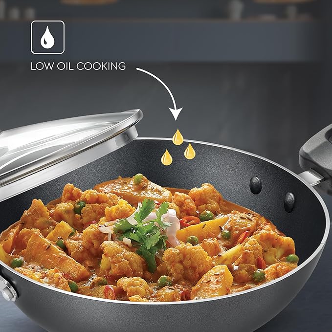 Judge by Prestige 26Cm (3.2L) Everyday Non-Stick Kadhai | Low Oil Cooking | Easy to Clean | Cool Touch Handles, Black