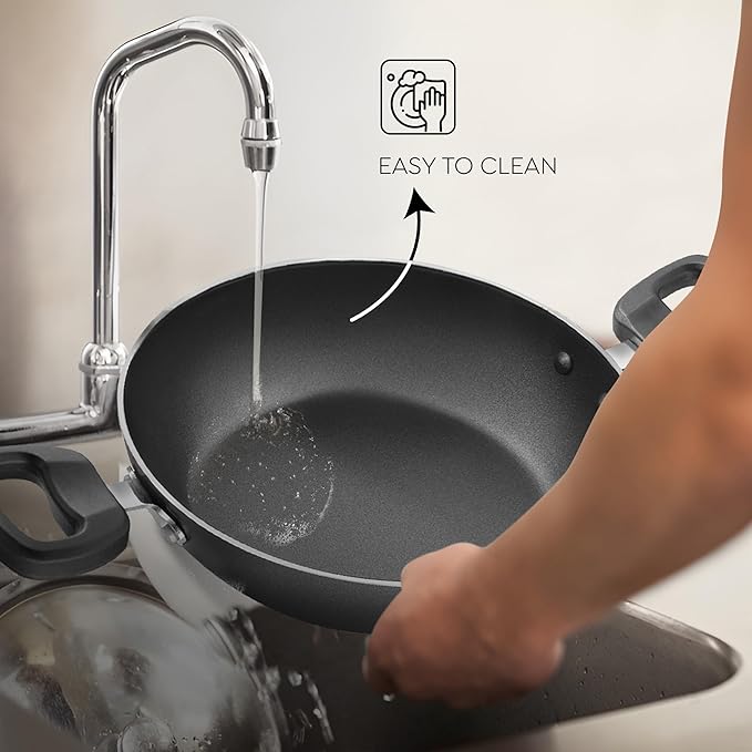Judge by Prestige 26Cm (3.2L) Everyday Non-Stick Kadhai | Low Oil Cooking | Easy to Clean | Cool Touch Handles, Black
