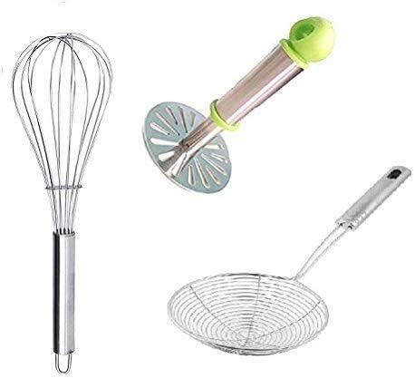 Kitchen Stainless Steel deep Fry Strainer, Potato Masher & Whisk - Combo of 3