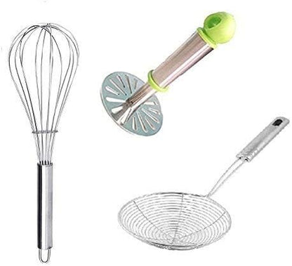 Kitchen Stainless Steel deep Fry Strainer, Potato Masher & Whisk - Combo of 3