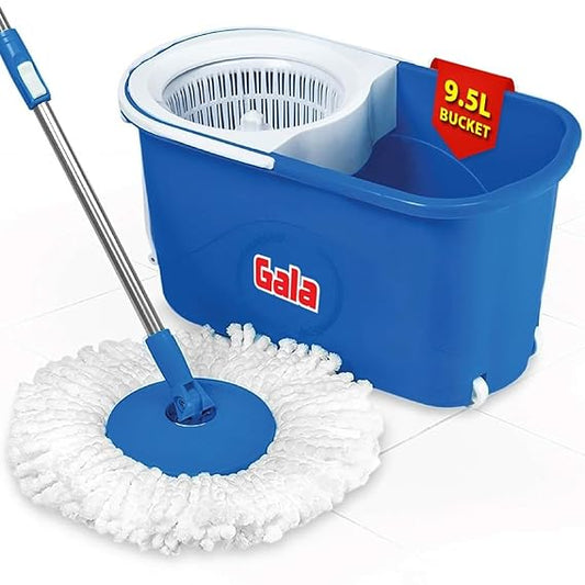 Gala Plastic Quick Spin Mop,Easy Wheels & Big Bucket With 2 Microfiber Refills, Floor Cleaning Mop With Bucket, Pocha For Floor Cleaning, Mopping Set(White And Blue)