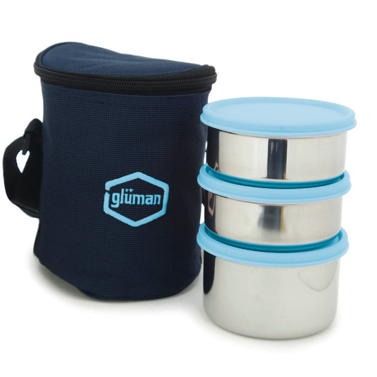 Gluman Steel Lunch Box | 3 Steel Containers with BPA-Free Lids (500 ml, 350 ml & 350 ml) | Ideal for Office, School, College | Leakproof Insulated Lunch Box with Fabric Bag (Blue)