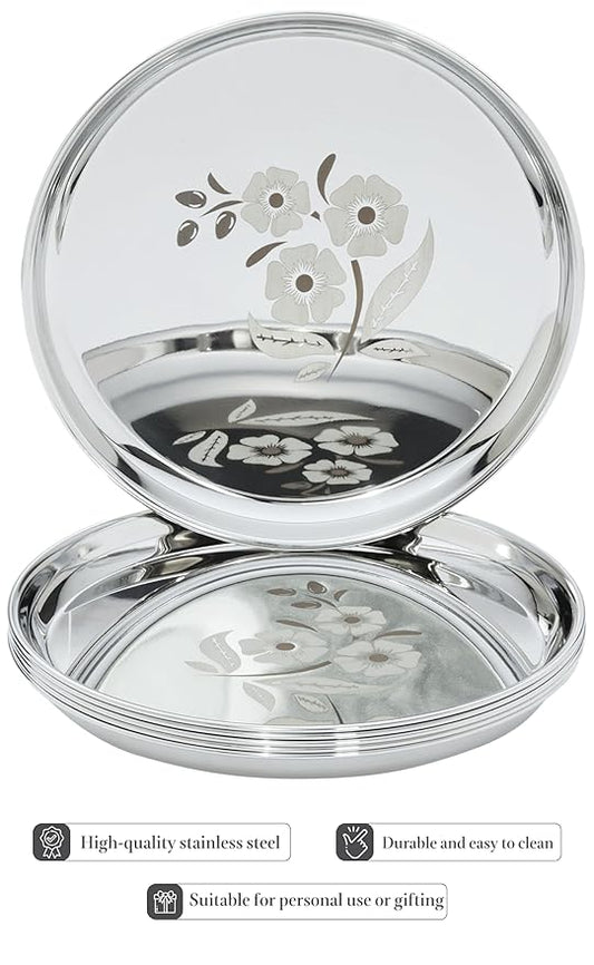 FinoFox Classy & Designer Stainless Steel Thali / Khumcha / Dinner Plate (Pack of 4)