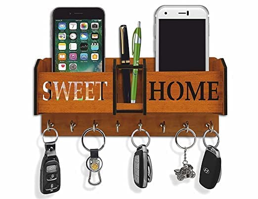 Sweethome Wood Key Holder (6 Hooks, Brown, Multicolor)