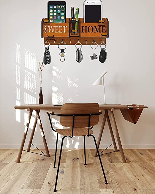 Sweethome Wood Key Holder (6 Hooks, Brown, Multicolor)