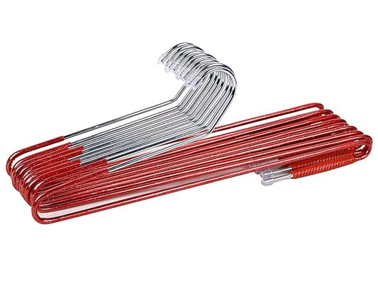 Stainless Steel Saree Hanger with Lower Band Lock (Red and Silver) - 12 Pieces