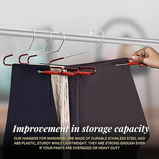 Stainless Steel Saree Hanger with Lower Band Lock (Red and Silver) - 12 Pieces