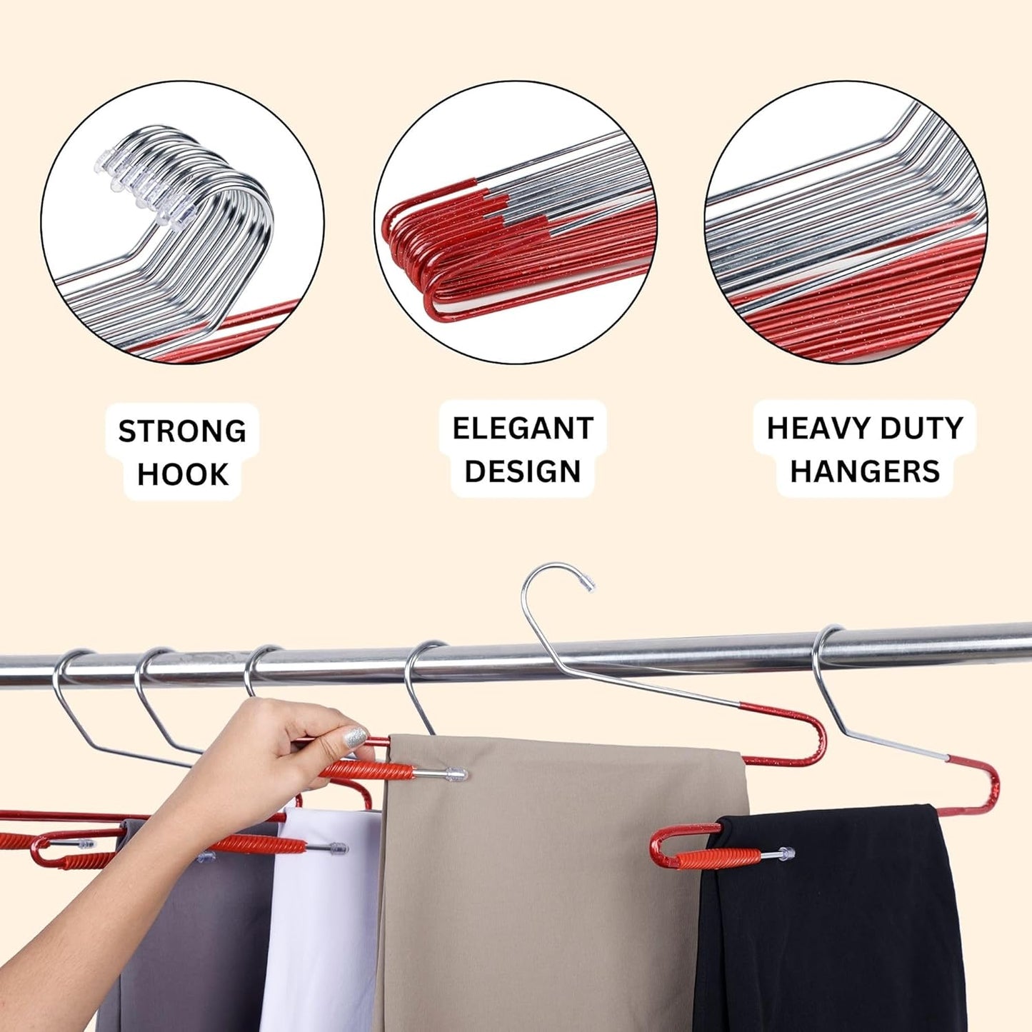 Stainless Steel Saree Hanger with Lower Band Lock (Red and Silver) - 12 Pieces