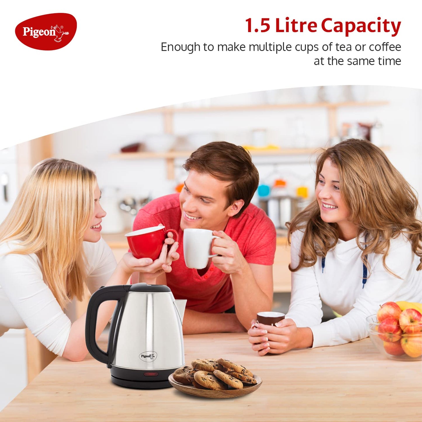 Pigeon Amaze Plus Electric Kettle with Stainless Steel Body, 1.5 litre, used for boiling Water, making tea and coffee, instant noodles, soup etc. (Silver)