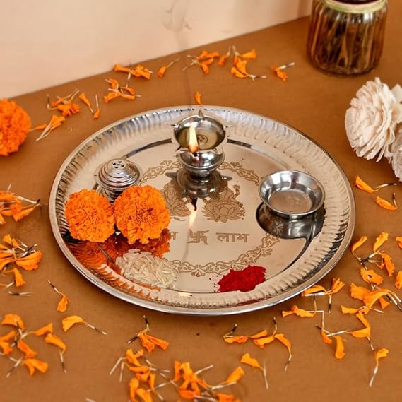 RRPLAST Steel Pooja Thali l 8.5" Stainless Steel (1 Pieces, Steel)