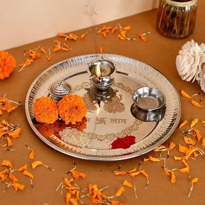 RRPLAST Steel Pooja Thali l 8.5" Stainless Steel (1 Pieces, Steel)