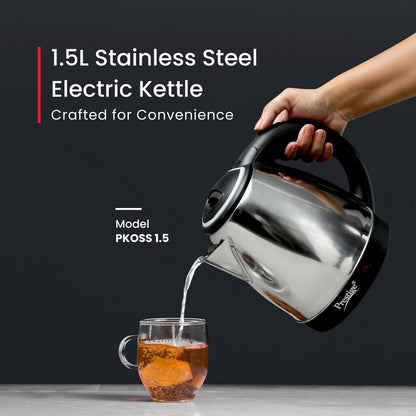 Prestige 1.5 litter Stainless Steel Electric Kettle | 1350 Watts| Elegant Design | Cool-touch Handle and Lid | Automatic Cut-Off and Single-Touch Lid Locking. | Silver