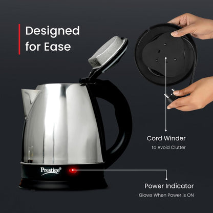 Prestige 1.5 litter Stainless Steel Electric Kettle | 1350 Watts| Elegant Design | Cool-touch Handle and Lid | Automatic Cut-Off and Single-Touch Lid Locking. | Silver