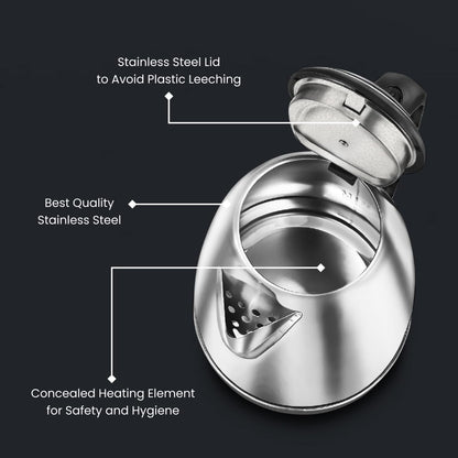 Prestige 1.5 litter Stainless Steel Electric Kettle | 1350 Watts| Elegant Design | Cool-touch Handle and Lid | Automatic Cut-Off and Single-Touch Lid Locking. | Silver