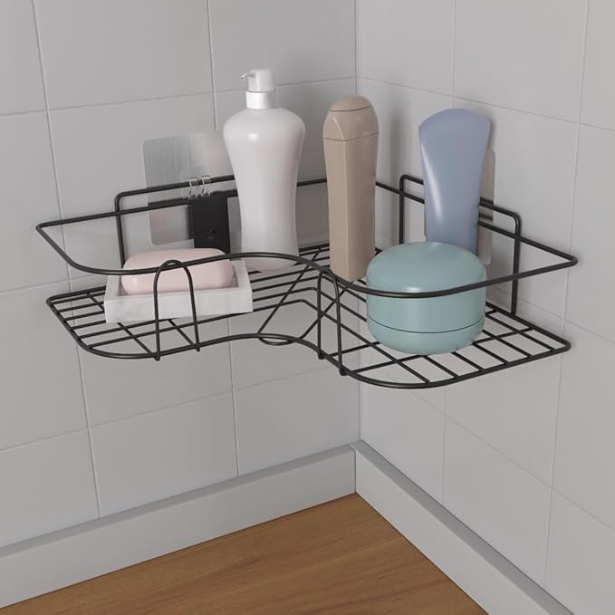 Wall Mounted Self-Adhesive Bathroom Corner Shelf/Kitchen Rack & Holder/Storage Organizer Rack - Bathroom Accessories (Material-GI Metal, Powder Coated Finish, Black, Pack of 1)