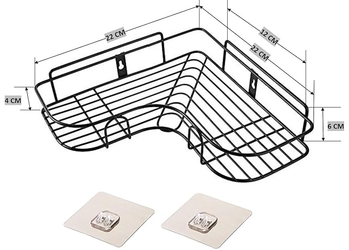 Wall Mounted Self-Adhesive Bathroom Corner Shelf/Kitchen Rack & Holder/Storage Organizer Rack - Bathroom Accessories (Material-GI Metal, Powder Coated Finish, Black, Pack of 1)