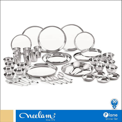 Neelam Stainless Steel 24 Gauge Classic Dinner Set, Silver, Durable, Dishwasher Safe, Ideal Gifting Dinner Set for Anniversary, Wedding, Housewarming Party.
