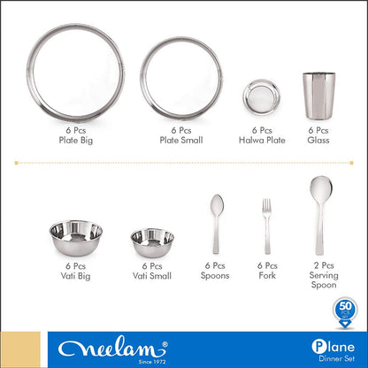 Neelam Stainless Steel 24 Gauge Classic Dinner Set, Silver, Durable, Dishwasher Safe, Ideal Gifting Dinner Set for Anniversary, Wedding, Housewarming Party.