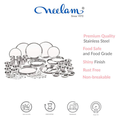 Neelam Stainless Steel 24 Gauge Classic Dinner Set, Silver, Durable, Dishwasher Safe, Ideal Gifting Dinner Set for Anniversary, Wedding, Housewarming Party.