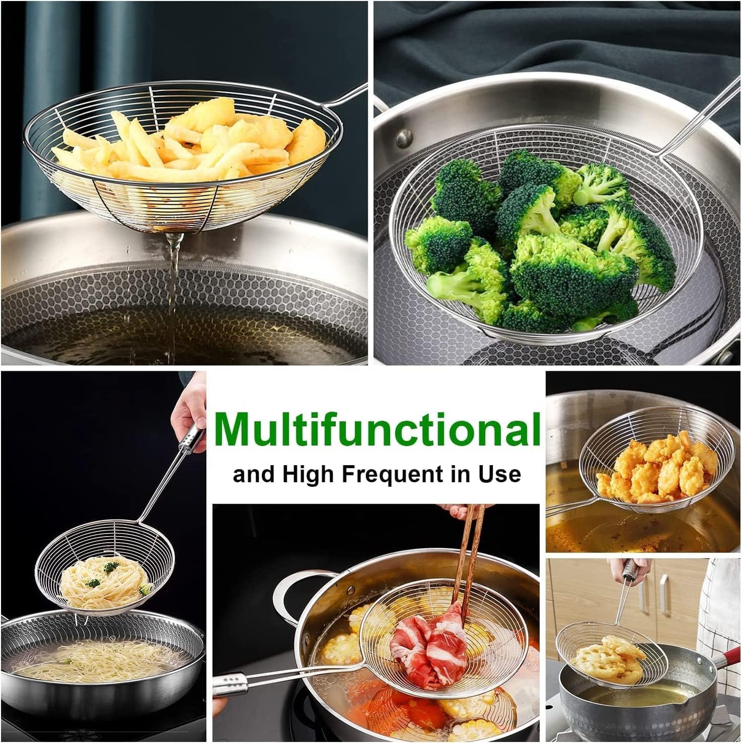 Kitchen Stainless Steel deep Fry Strainer, Potato Masher & Whisk - Combo of 3