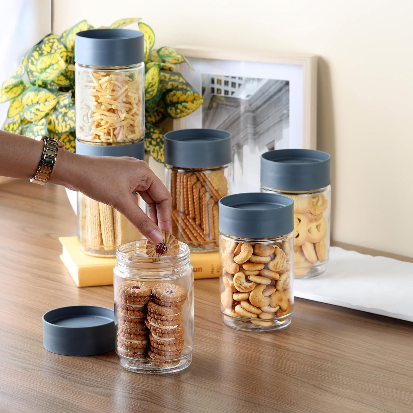 TRUPLAST Glassy Storage Jar Set of 3 | PLASTIC Jar with Lid | Stackable | For Grains, Pulses, Spice, Cereals, Cookies, Dry Fruits | Fridge Storage Container