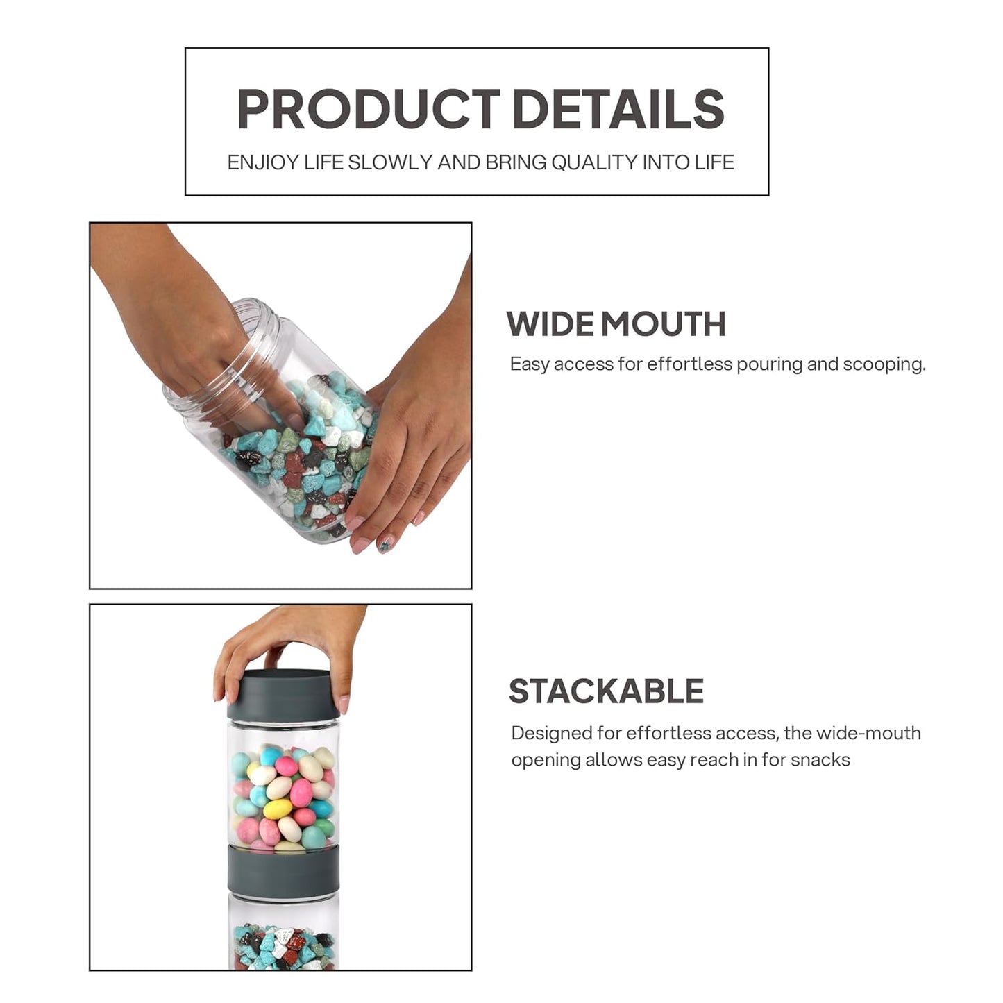 TRUPLAST Glassy Storage Jar Set of 3 | PLASTIC Jar with Lid | Stackable | For Grains, Pulses, Spice, Cereals, Cookies, Dry Fruits | Fridge Storage Container