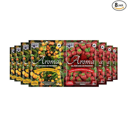 Good Home Air Freshener Aroma Gel |Long Lasting Premium Fragrance Booster |Skin Friendly for Home/Office/Bathrom |Luscious Strawberry 4 + 4 Tangy Orange |(Pack of 8, 10g x 8)