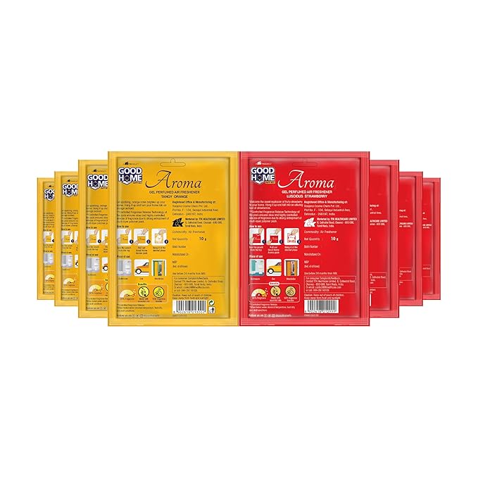 Good Home Air Freshener Aroma Gel |Long Lasting Premium Fragrance Booster |Skin Friendly for Home/Office/Bathrom |Luscious Strawberry 4 + 4 Tangy Orange |(Pack of 8, 10g x 8)