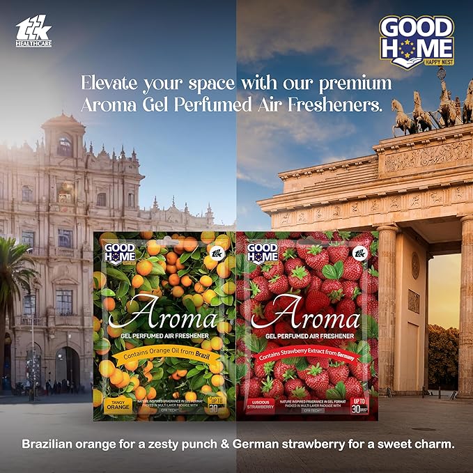 Good Home Air Freshener Aroma Gel |Long Lasting Premium Fragrance Booster |Skin Friendly for Home/Office/Bathrom |Luscious Strawberry 4 + 4 Tangy Orange |(Pack of 8, 10g x 8)