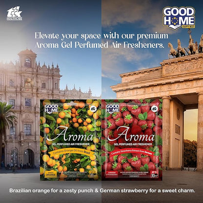 Good Home Air Freshener Aroma Gel |Long Lasting Premium Fragrance Booster |Skin Friendly for Home/Office/Bathrom |Luscious Strawberry 4 + 4 Tangy Orange |(Pack of 8, 10g x 8)