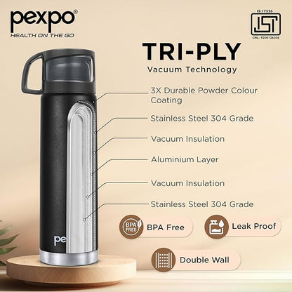 PEXPO Fererro Pro ISI Certified Stainless Steel Insulated Flask - 1000ml | Double Wall Water Bottle With Jute Bag | Durable | Hot & Cold | Office, Trekking And Travelling RCB Edition - Knight Black
