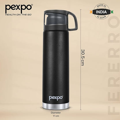 PEXPO Fererro Pro ISI Certified Stainless Steel Insulated Flask - 1000ml | Double Wall Water Bottle With Jute Bag | Durable | Hot & Cold | Office, Trekking And Travelling RCB Edition - Knight Black