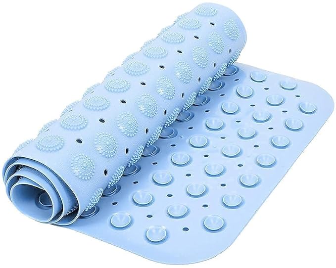 Anti Slip PVC Silicone Shower Bath Mat Non-Slippery Rubber Floormat Suction Cups Drain Hole & Anti Skid Floormat for Toilet Kitchen Bathroom Floor Rectangle (70 X 35cm) (Blue)