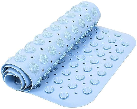 Anti Slip PVC Silicone Shower Bath Mat Non-Slippery Rubber Floormat Suction Cups Drain Hole & Anti Skid Floormat for Toilet Kitchen Bathroom Floor Rectangle (70 X 35cm) (Blue)