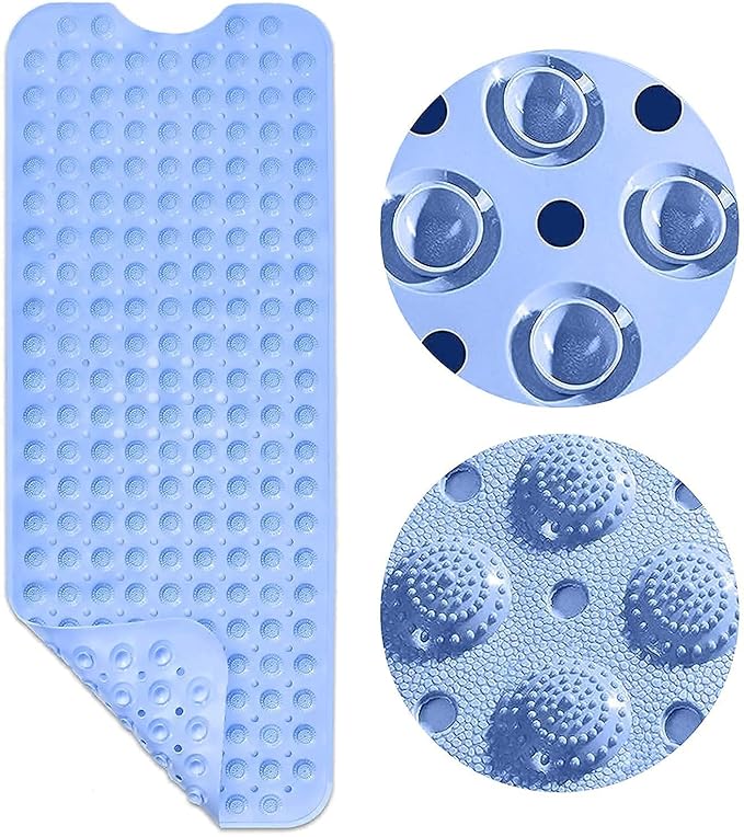 Anti Slip PVC Silicone Shower Bath Mat Non-Slippery Rubber Floormat Suction Cups Drain Hole & Anti Skid Floormat for Toilet Kitchen Bathroom Floor Rectangle (70 X 35cm) (Blue)
