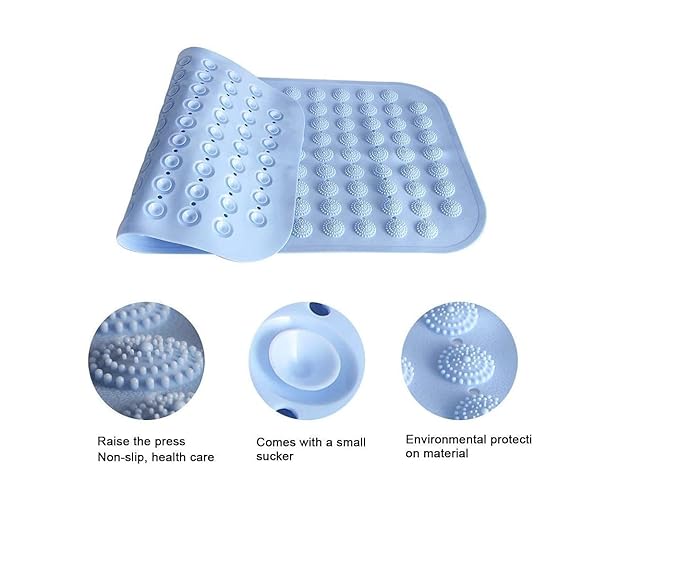 Anti Slip PVC Silicone Shower Bath Mat Non-Slippery Rubber Floormat Suction Cups Drain Hole & Anti Skid Floormat for Toilet Kitchen Bathroom Floor Rectangle (70 X 35cm) (Blue)