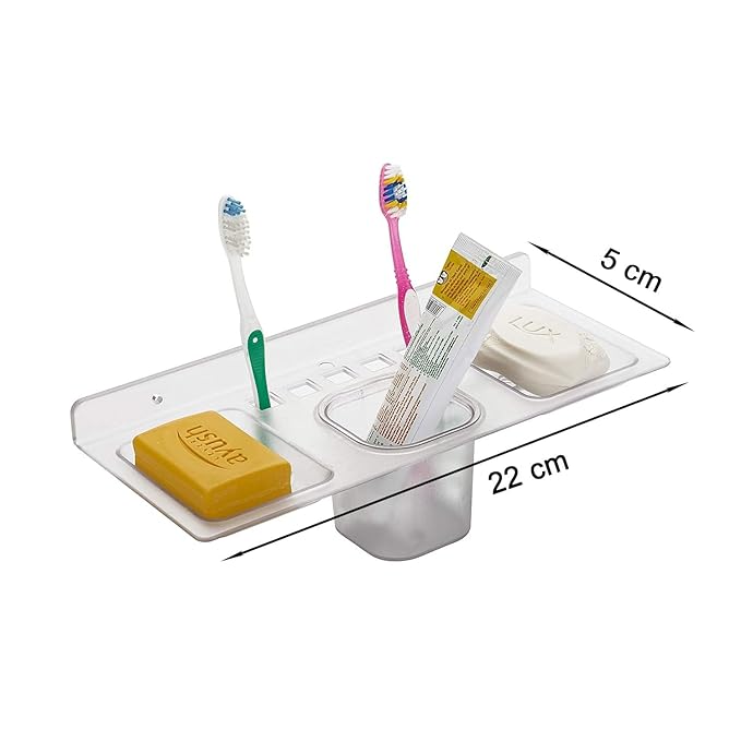 Multi use 4 in 1 Multipurpose Double Soap stand with Tumbler Holder Sleek Design Bathroom Accesories shelf soap holder for washbasin,Bathroom, kitchen(Pack of 1,Clear, Plastic)