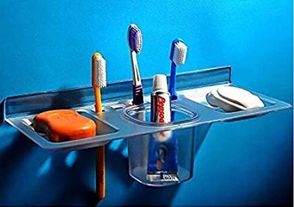 Multi use 4 in 1 Multipurpose Double Soap stand with Tumbler Holder Sleek Design Bathroom Accesories shelf soap holder for washbasin,Bathroom, kitchen(Pack of 1,Clear, Plastic)