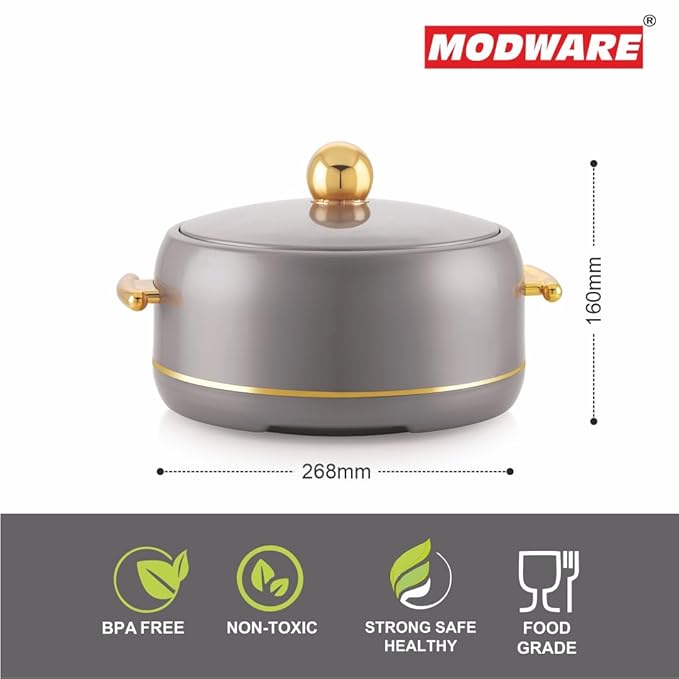 Modware Atlantis Casserole 2000ml Elegant Design Premium Hot Pot, Retains Temperature for Hours, Insulated Inner Steel Casserole for Roti, Hot Box for Home, Chapati Box, Serving Bowl with Lid (Grey)