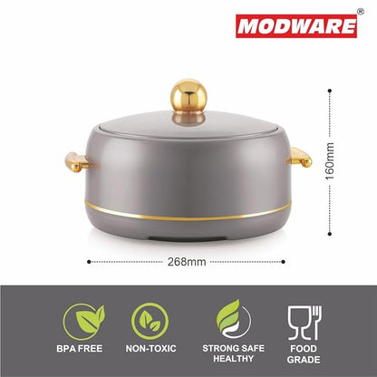 Modware Atlantis Casserole 2000ml Elegant Design Premium Hot Pot, Retains Temperature for Hours, Insulated Inner Steel Casserole for Roti, Hot Box for Home, Chapati Box, Serving Bowl with Lid (Grey)