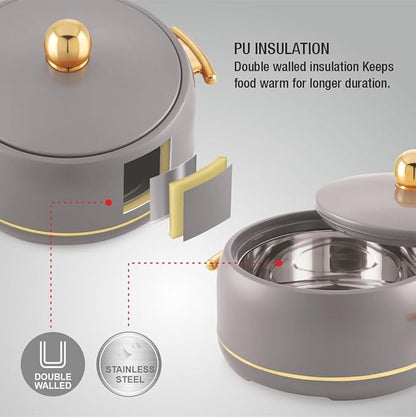 Modware Atlantis Casserole 2000ml Elegant Design Premium Hot Pot, Retains Temperature for Hours, Insulated Inner Steel Casserole for Roti, Hot Box for Home, Chapati Box, Serving Bowl with Lid (Grey)