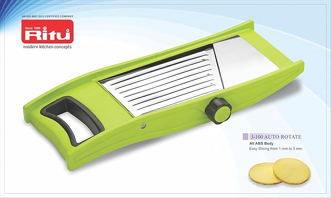 RITU Auto Rotate Adjustable Slicer with Large Safety Holder | Stainless Steel Blades | Spiral Vegetable Cutter for Salad, Fruits, Potatoes | Multipurpose Kitchen Tool | Easy to Use | Multicolor