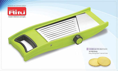 RITU Auto Rotate Adjustable Slicer with Large Safety Holder | Stainless Steel Blades | Spiral Vegetable Cutter for Salad, Fruits, Potatoes | Multipurpose Kitchen Tool | Easy to Use | Multicolor