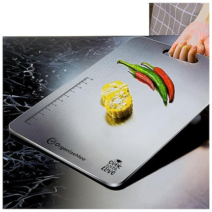 OrganizeMee Large Stainless Steel Cutting Board for Kitchen - Premium Vegetable and Fruit Cutter, Heavy-Duty Metal Chopping Board, Big Size Pad (36 cm X 25 cm)