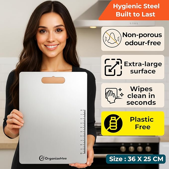 OrganizeMee Large Stainless Steel Cutting Board for Kitchen - Premium Vegetable and Fruit Cutter, Heavy-Duty Metal Chopping Board, Big Size Pad (36 cm X 25 cm)