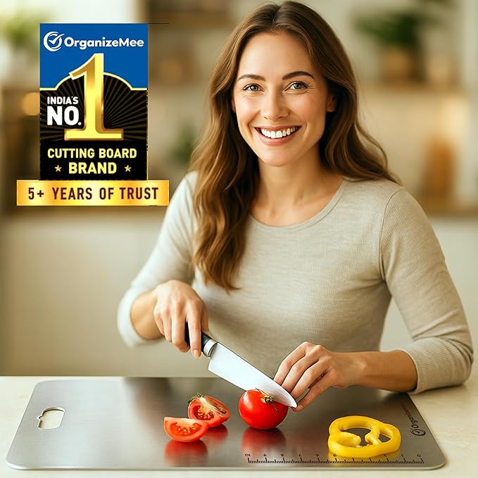 OrganizeMee Large Stainless Steel Cutting Board for Kitchen - Premium Vegetable and Fruit Cutter, Heavy-Duty Metal Chopping Board, Big Size Pad (36 cm X 25 cm)
