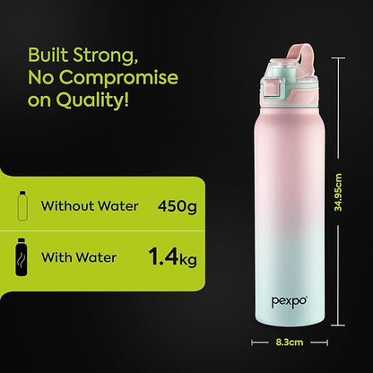 PEXPO Amaze 1000 ISI Certified Stainless Steel Vacuum Insulated Flask - 940ml | Double Wall | Flip Top Cap | Hot & Cold Water Bottle for Adults | Ideal for Home, Office, Gym, Outdoor - Pink&Green